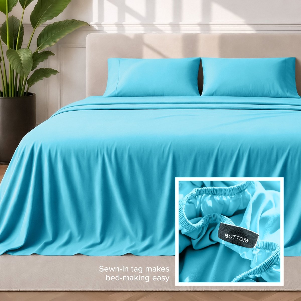 Sewn-in tag makes bed-making easy