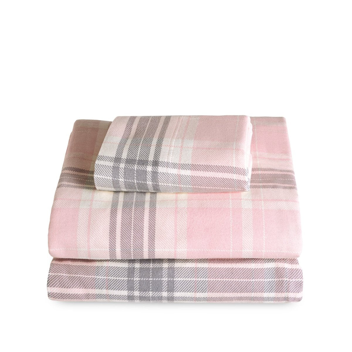 Stack of flannel sheets and pillowcases on a white background