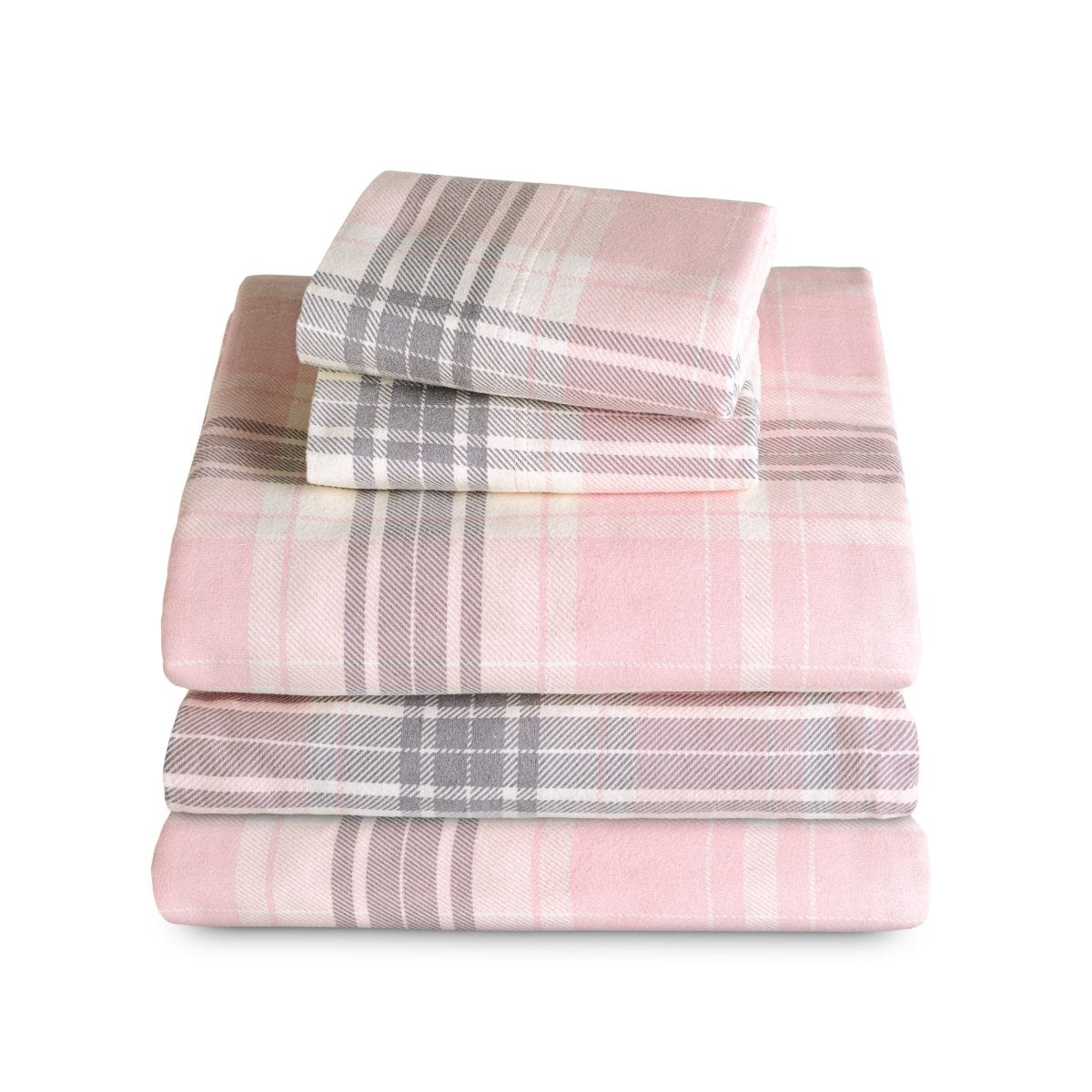 Stack of flannel sheets and pillowcases on a white background