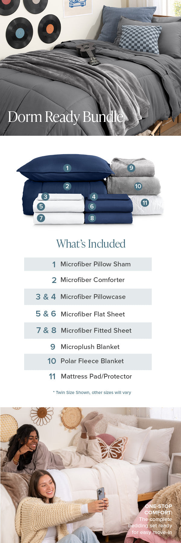 Dorm room bedding set with gray and blue bedding, pillows, and mattress pad on a white background.