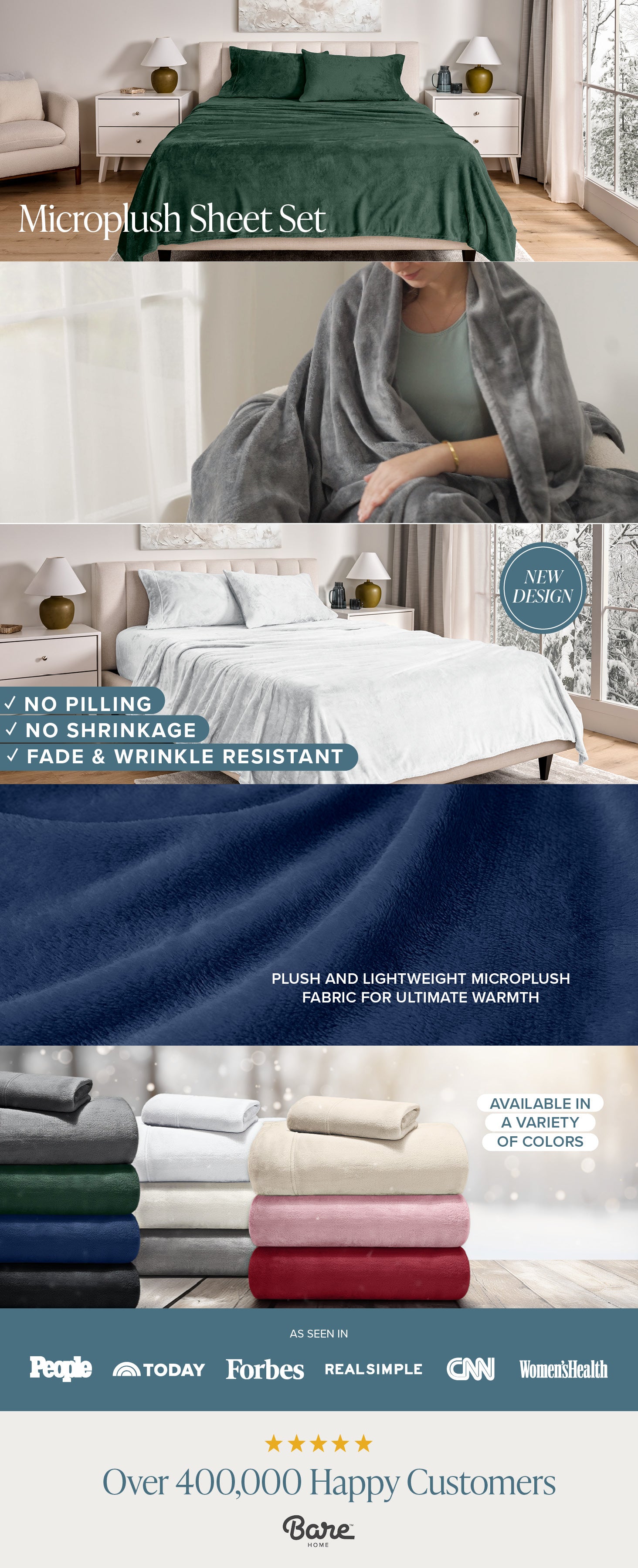Bore microplush sheet set advertisement with images of the product and text highlighting features.