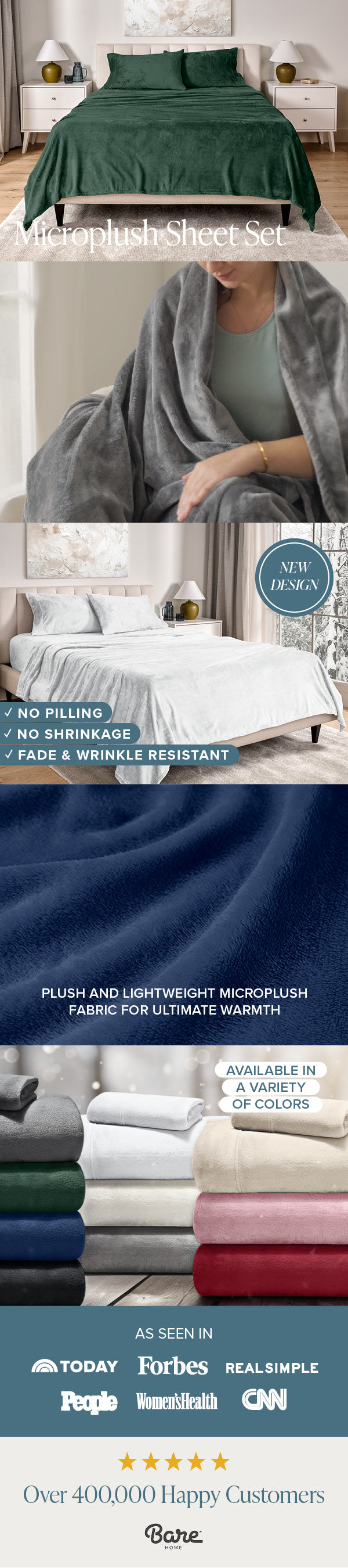 Collage of images showcasing a plush sheet set with text highlighting features and positive reviews.