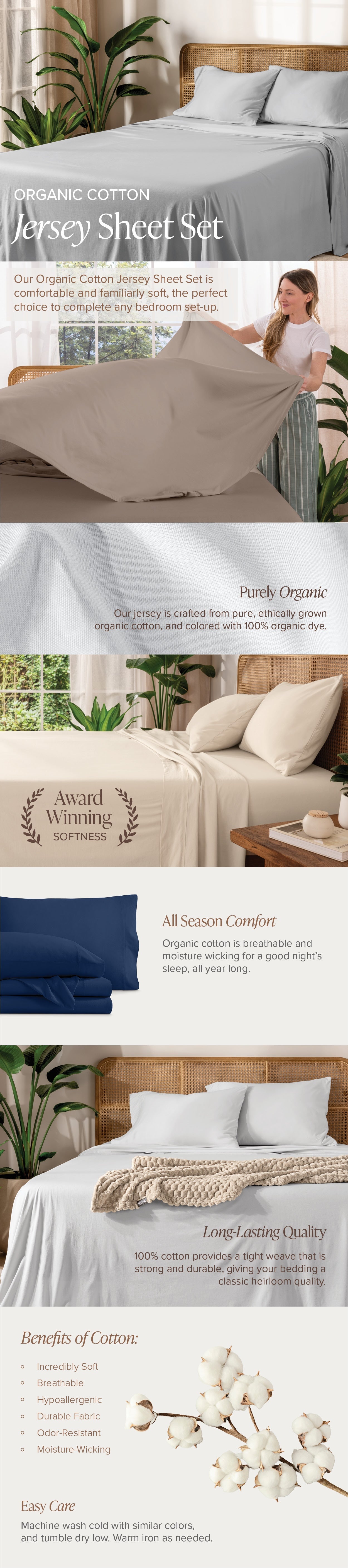 Jersey sheet set with images of a bed and a person using the product.