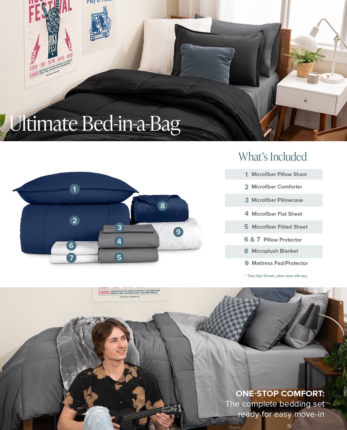 Bedding set with black, blue, and gray bedding on a bed with a person sitting on it.