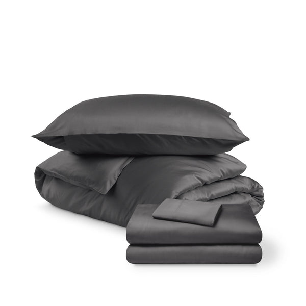 Bedding set including duvet set and sheet set on a white background