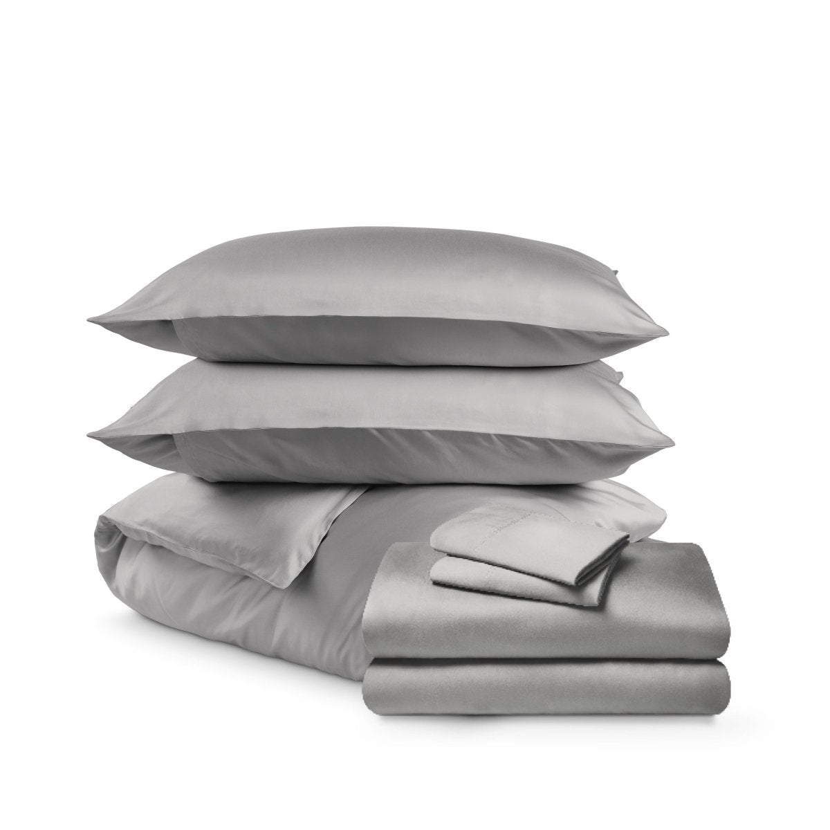 Bedding set including duvet set and sheet set on a white background