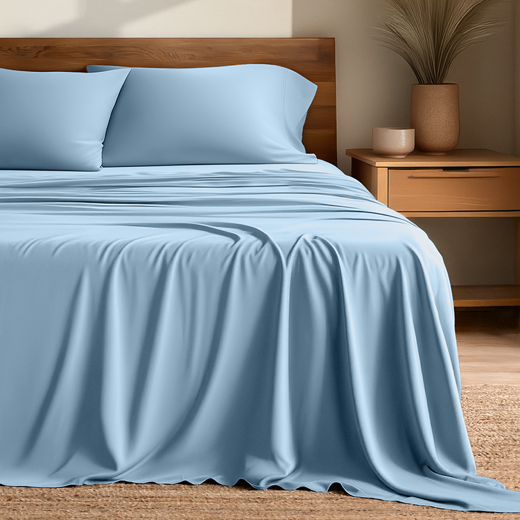 Blue bedspread on a bed with wooden headboard and nightstand in a bedroom setting