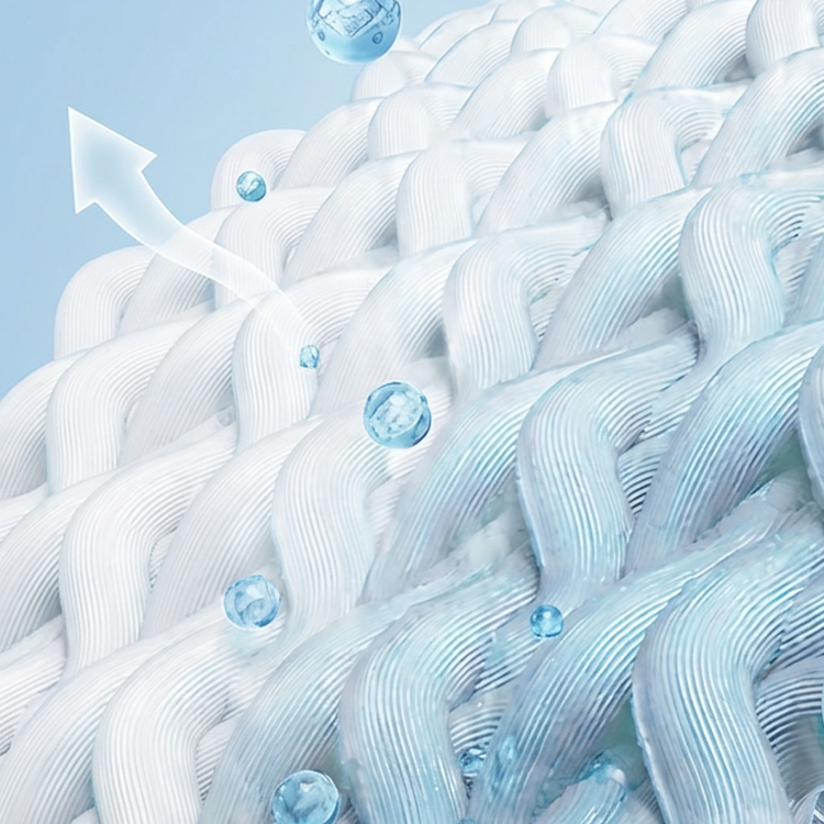 Close-up of white fibers with blue droplets on a light blue background