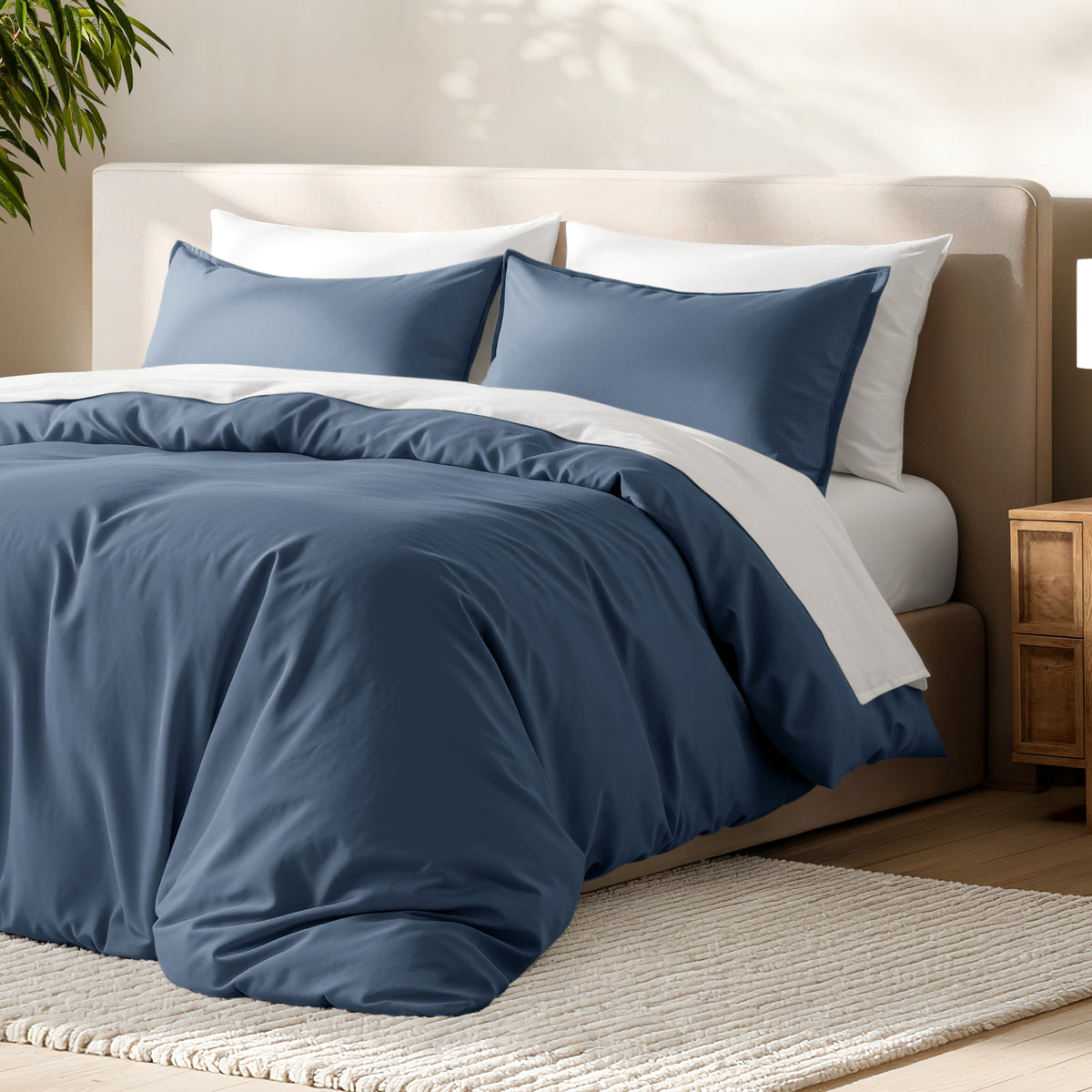 Bed with microfiber duvet cover and sham set in a bedroom setting.