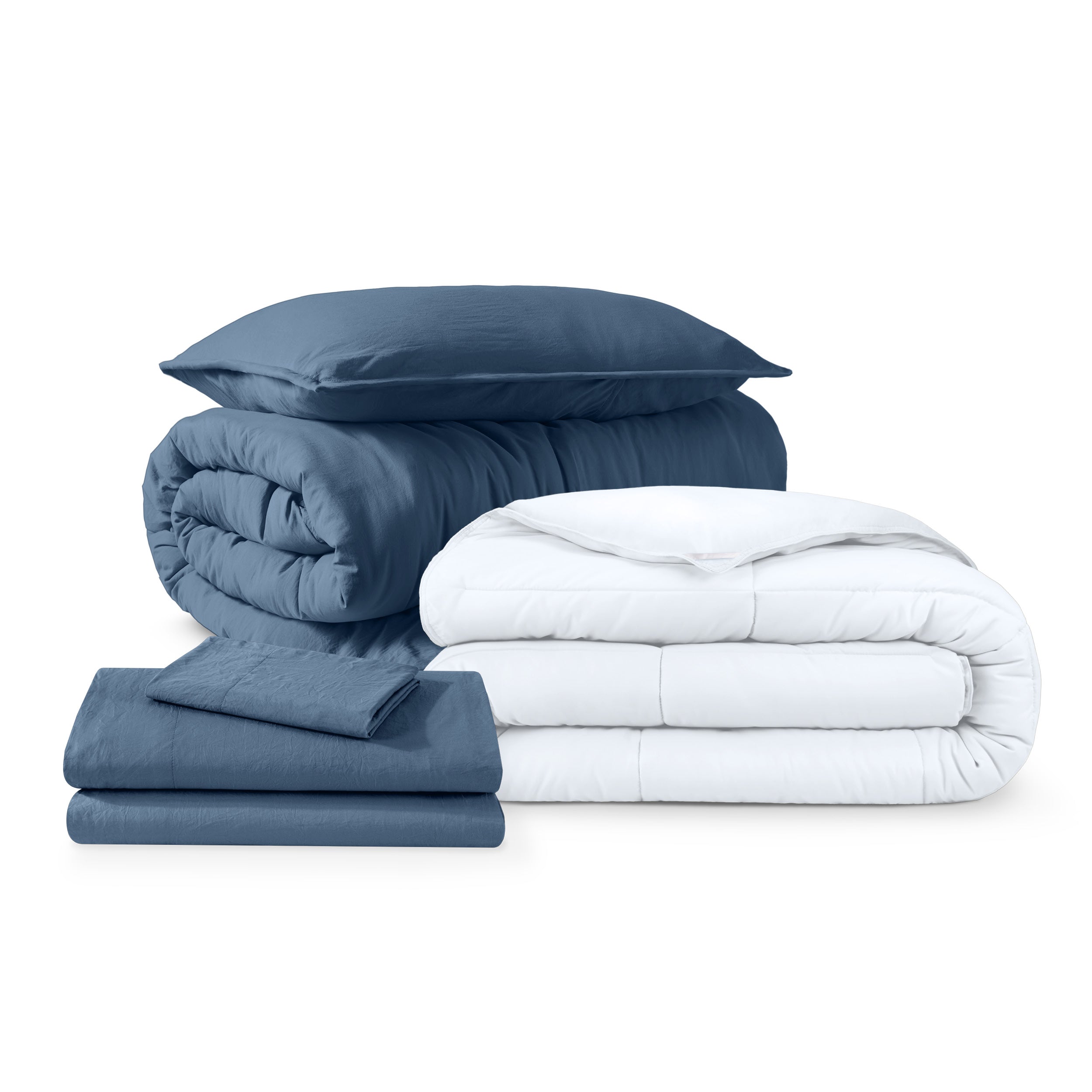 Washed bedding bundle folded and stacked to show all the included items