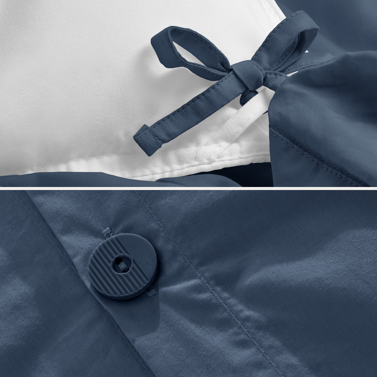 Close-up of the corner ties and button on the percale duvet cover
