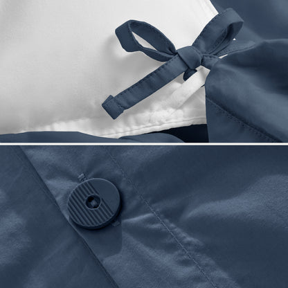 Close-up of the corner ties and button on the percale duvet cover