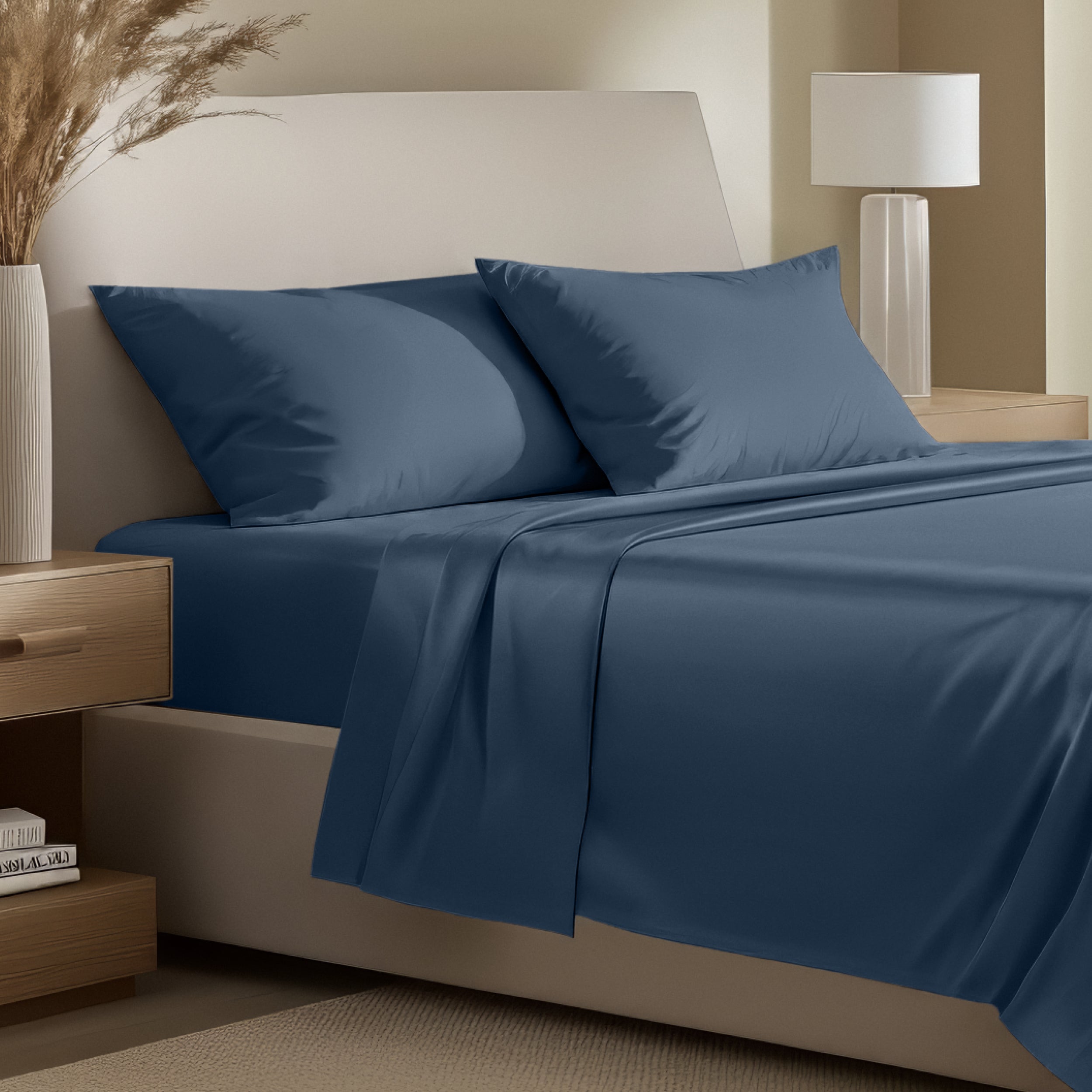 Bedding set on a bed with pillows in a bright room.