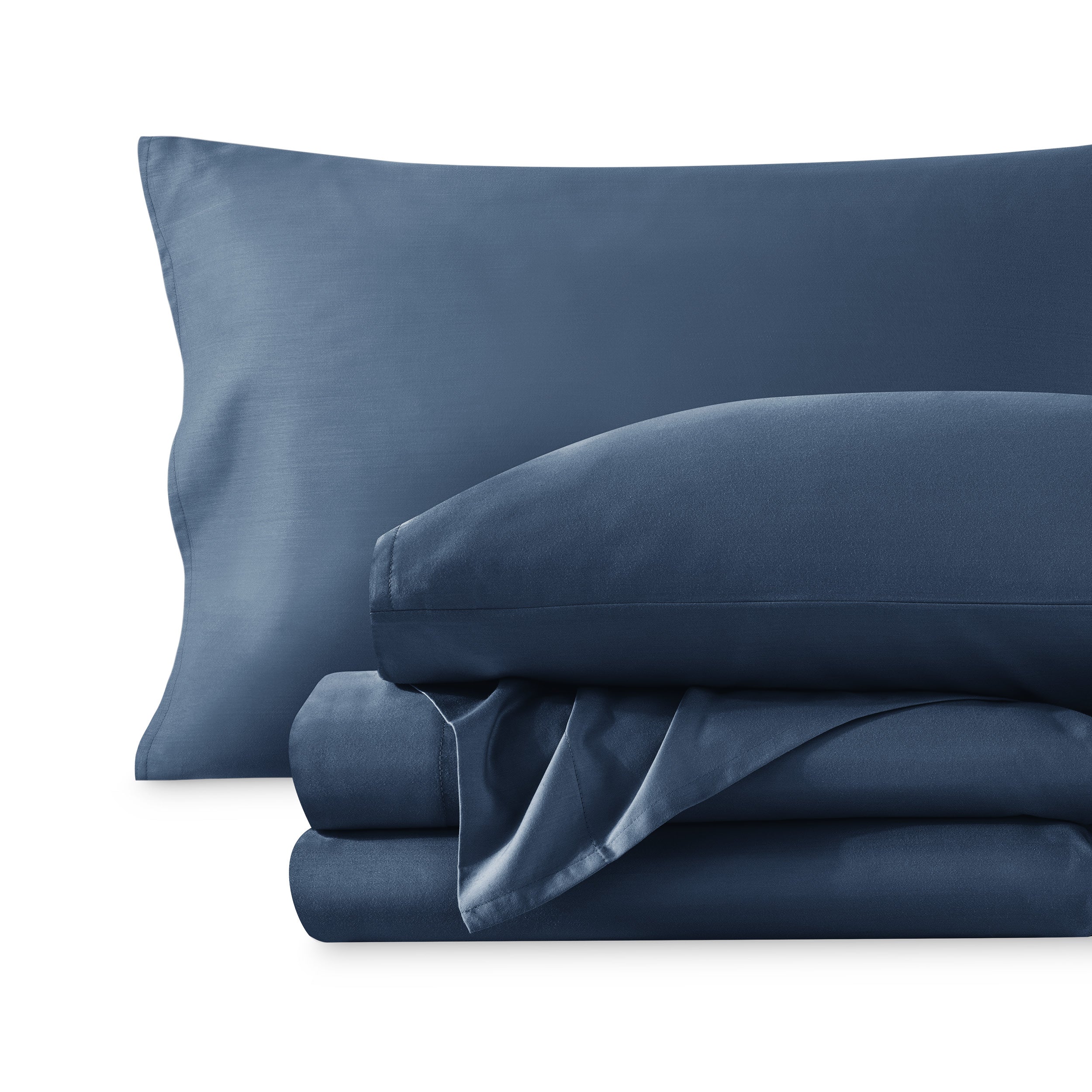 A sateen sheet set folded and stacked on a white background.