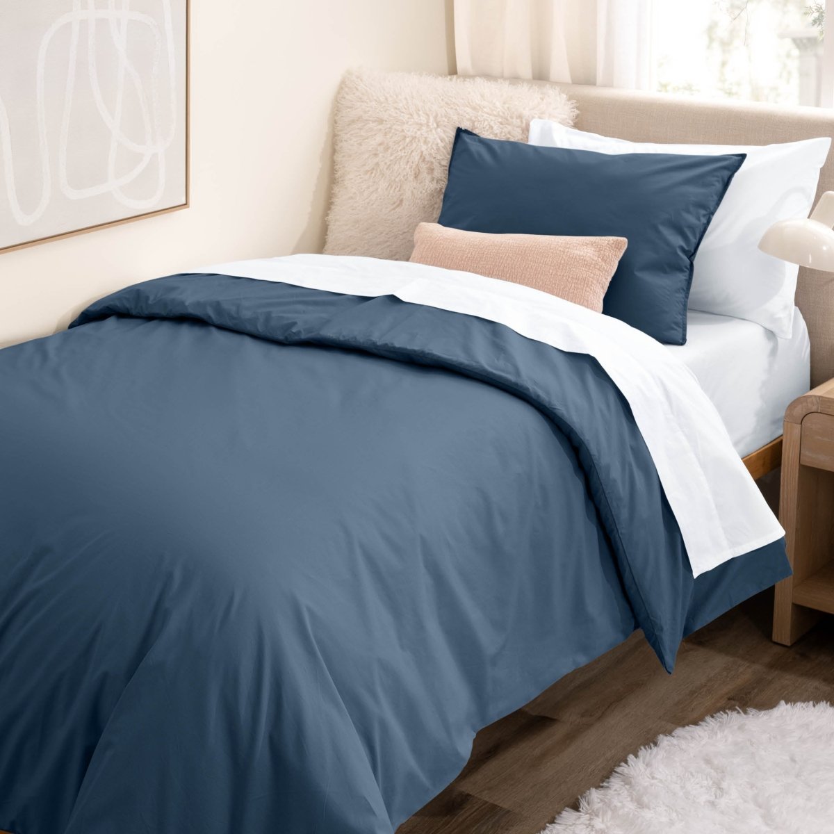 College dorm room with percale bedding