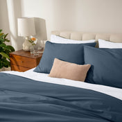 Bed with percale bedding in a bedroom setting
