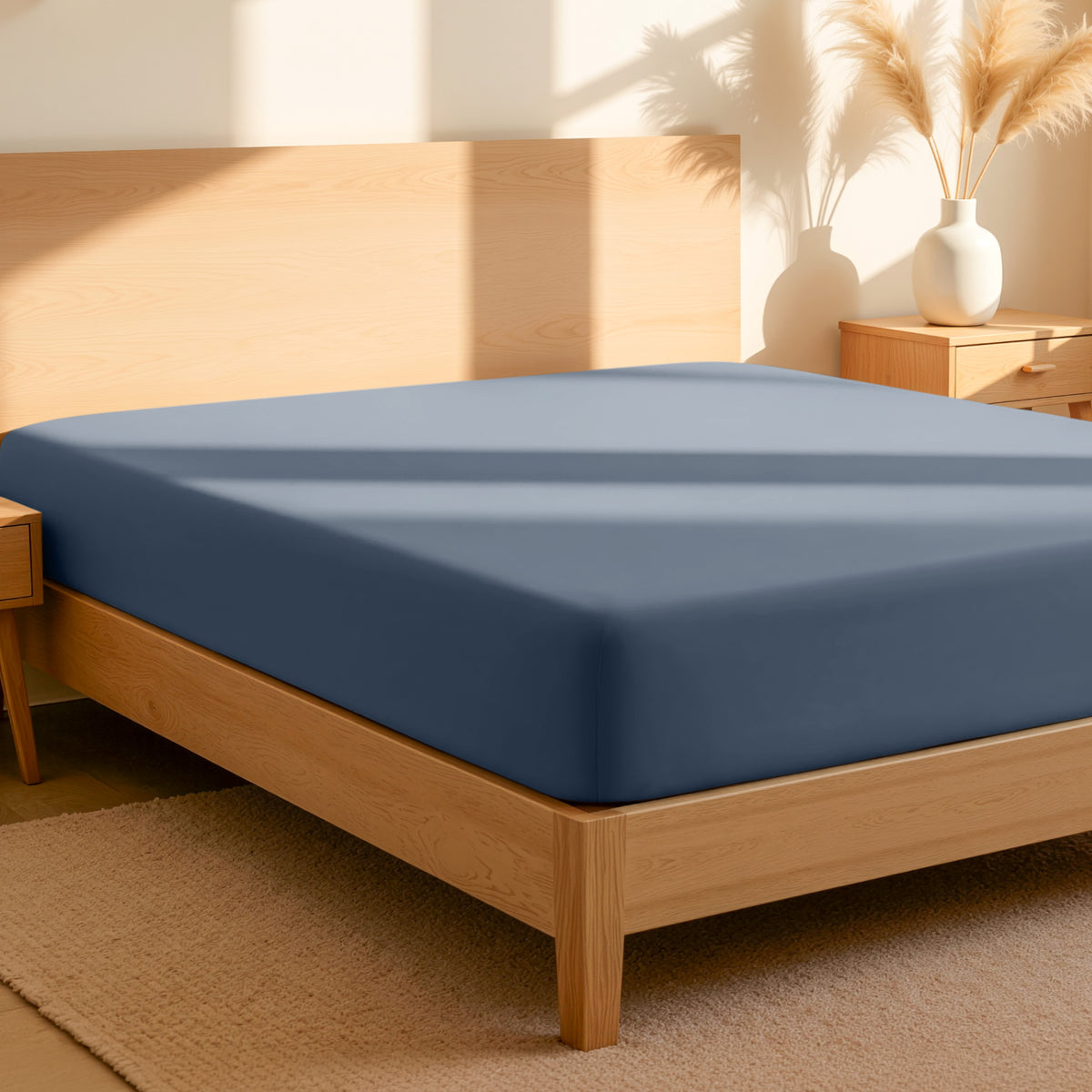 Fitted sheet on a bed in a bedroom setting with a lamp and plant.