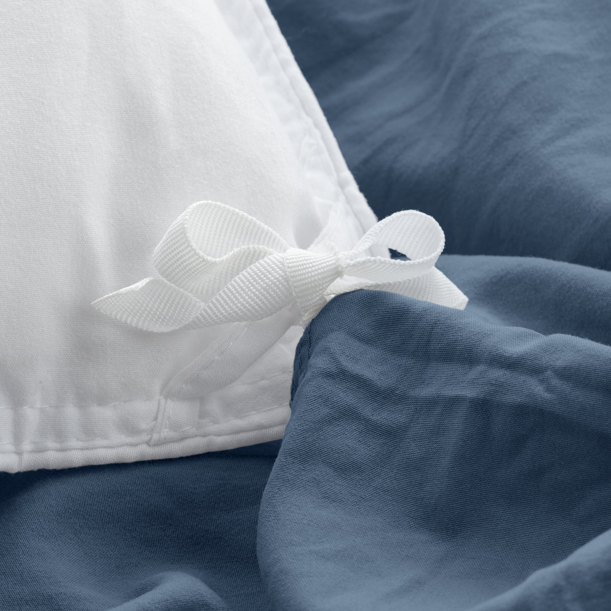 Close-up of a corner tie for a duvet cover