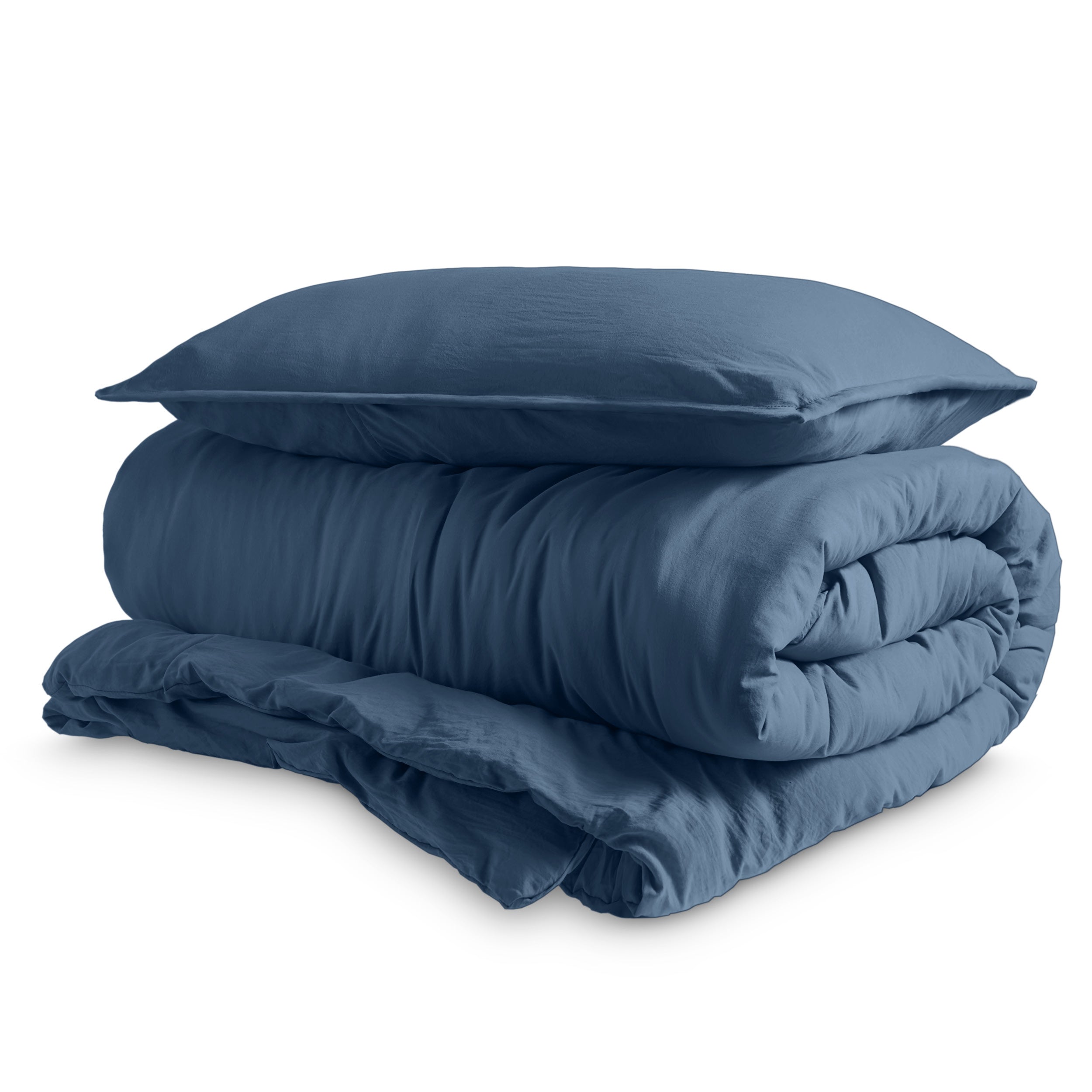 Washed duvet cover and sham set folded and stacked