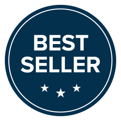 Round blue badge with 'Best Seller' text and three stars on a white background