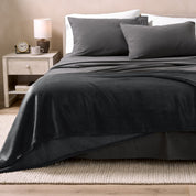 Bed with grey sheets and a sherpa blanket