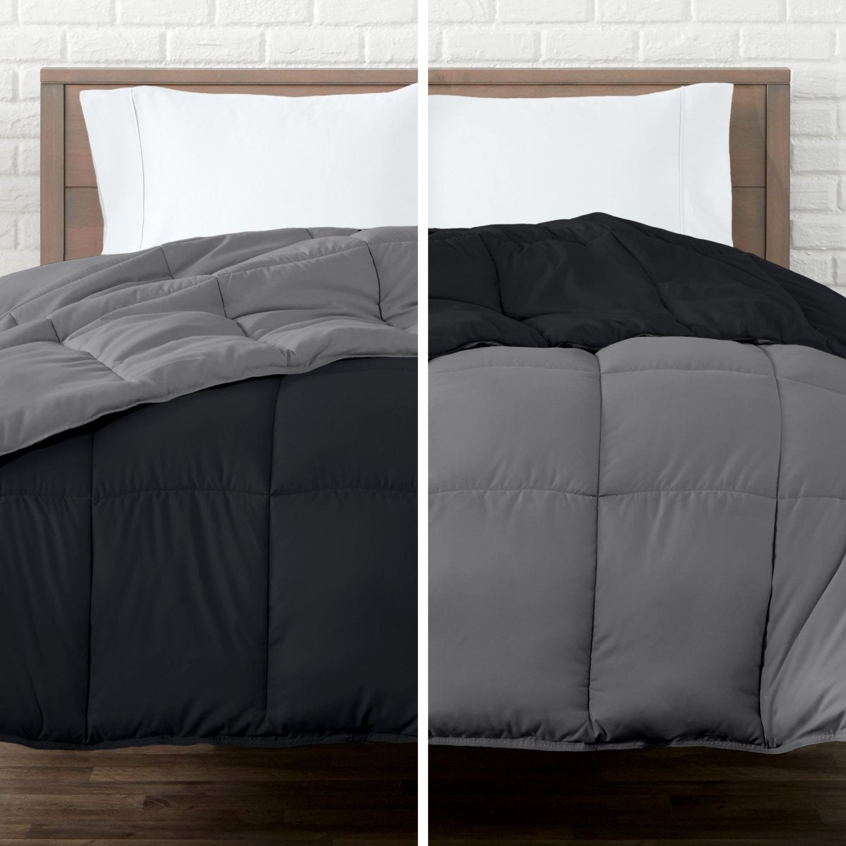 Two views of a reversible comforter on a bed with a white brick wall background.