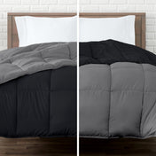 Two views of a reversible comforter on a bed with a white brick wall background.