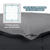 Comforter with text that says use as a comforter or duvet insert.  Shows 8 loops to secure your duvet insert.