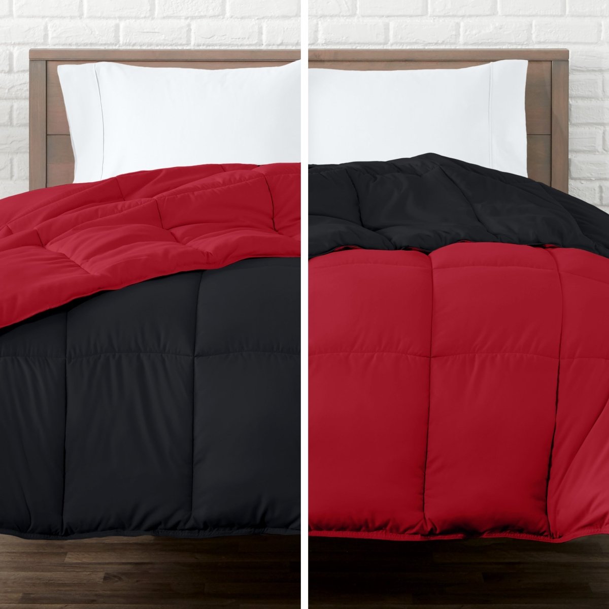 Two views of a reversible comforter on a bed with a white brick wall background.