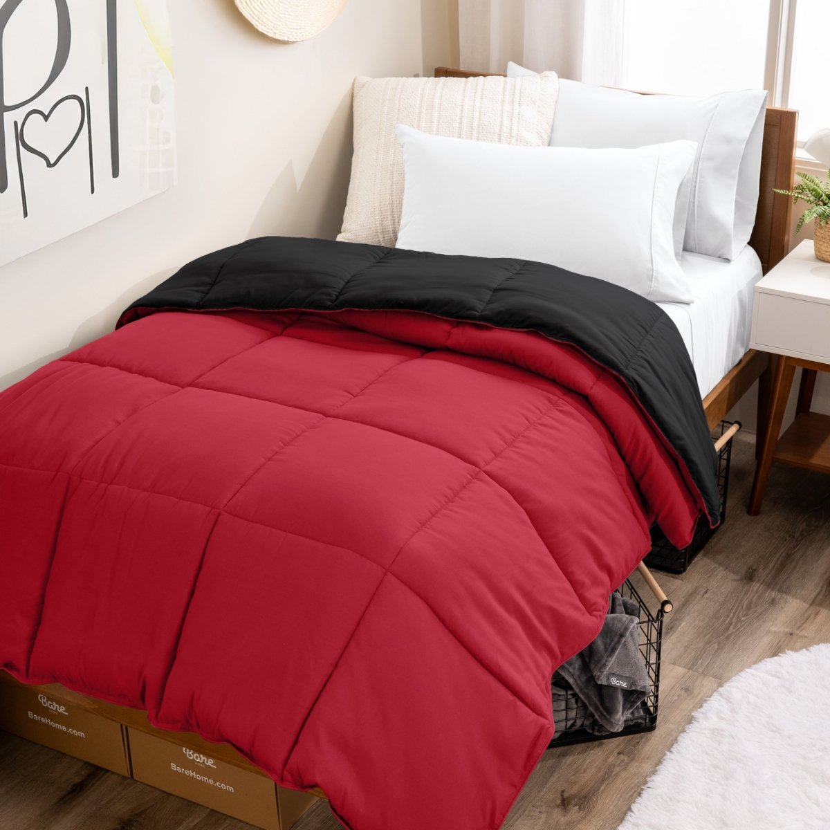 College dorm room with a reversible comforter on the bed