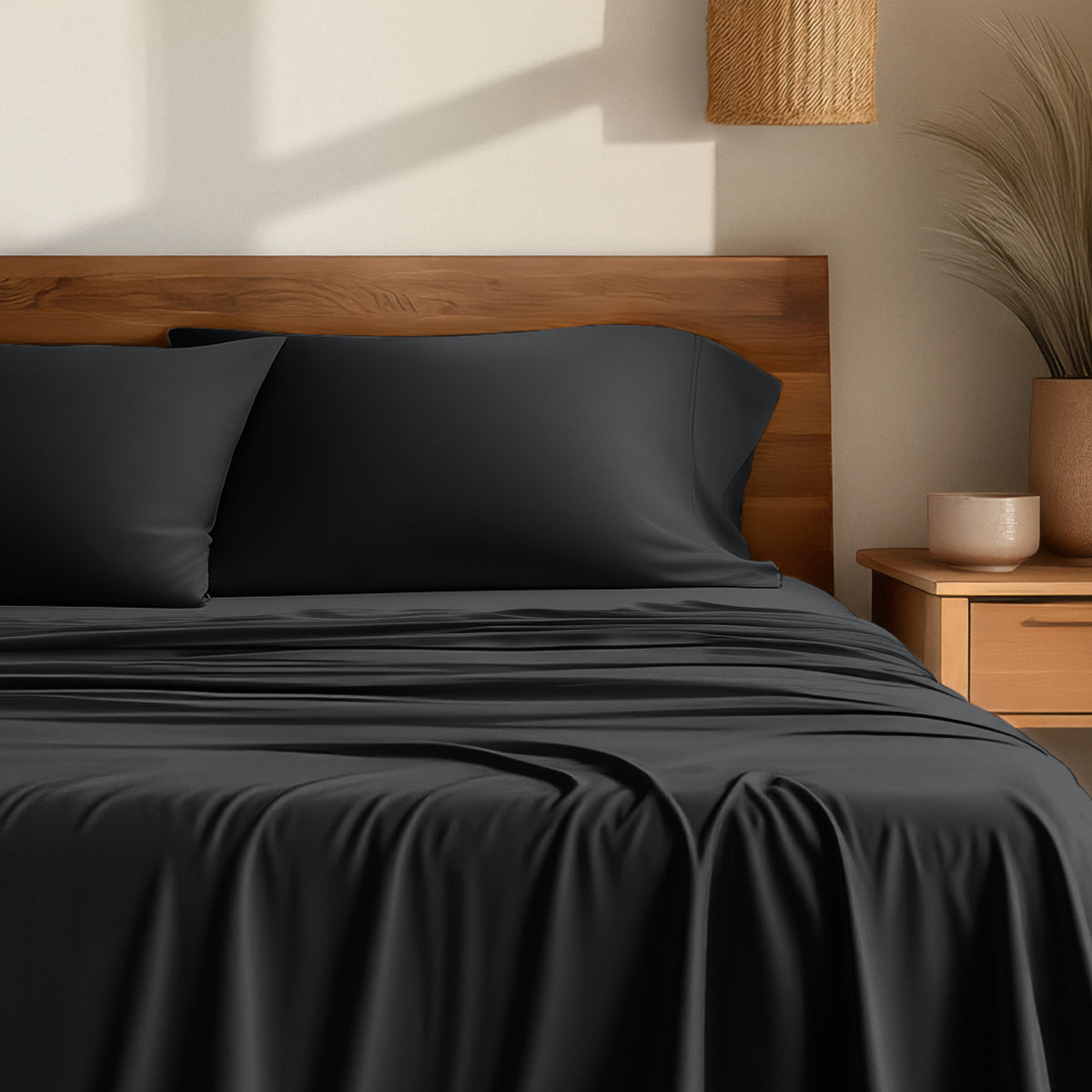 Bamboo sheets on a bed with a wooden headboard