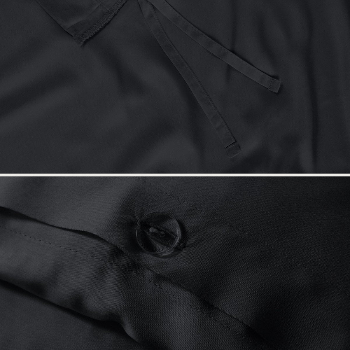 Close-up of the corner ties and button closure on a duvet cover