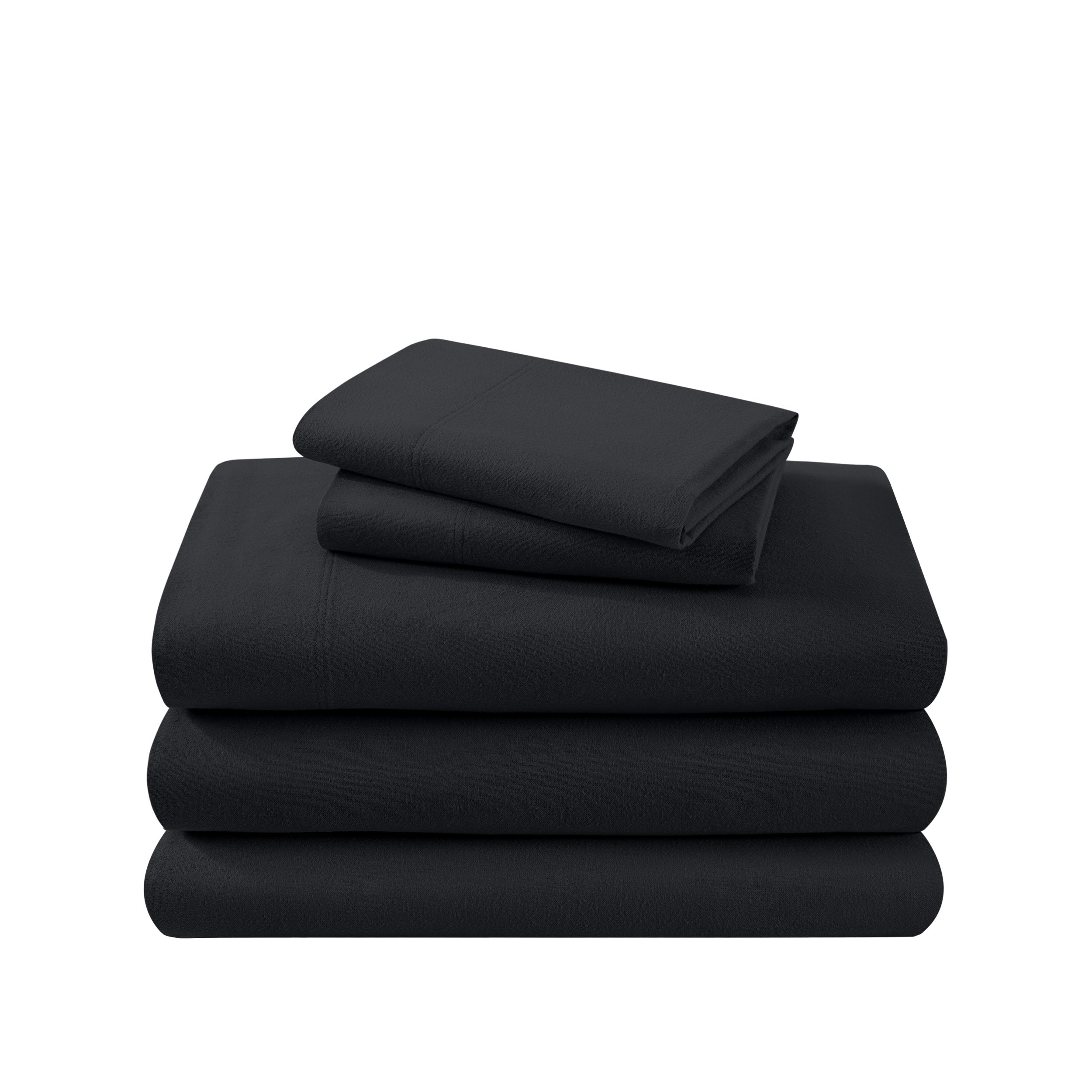 Cotton flannel sheet set folded and stacked on a white background