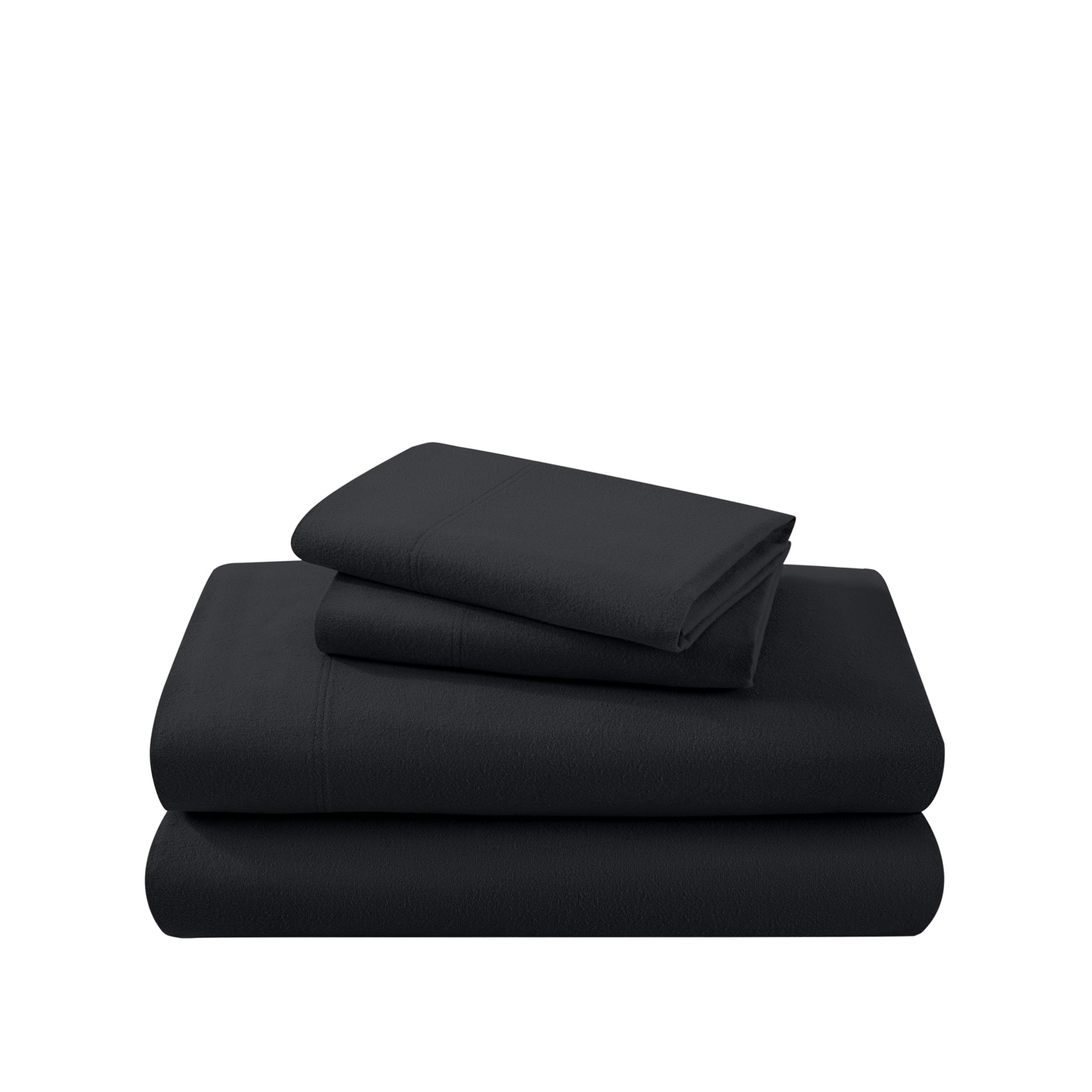 Cotton flannel sheet set folded and stacked on a white background