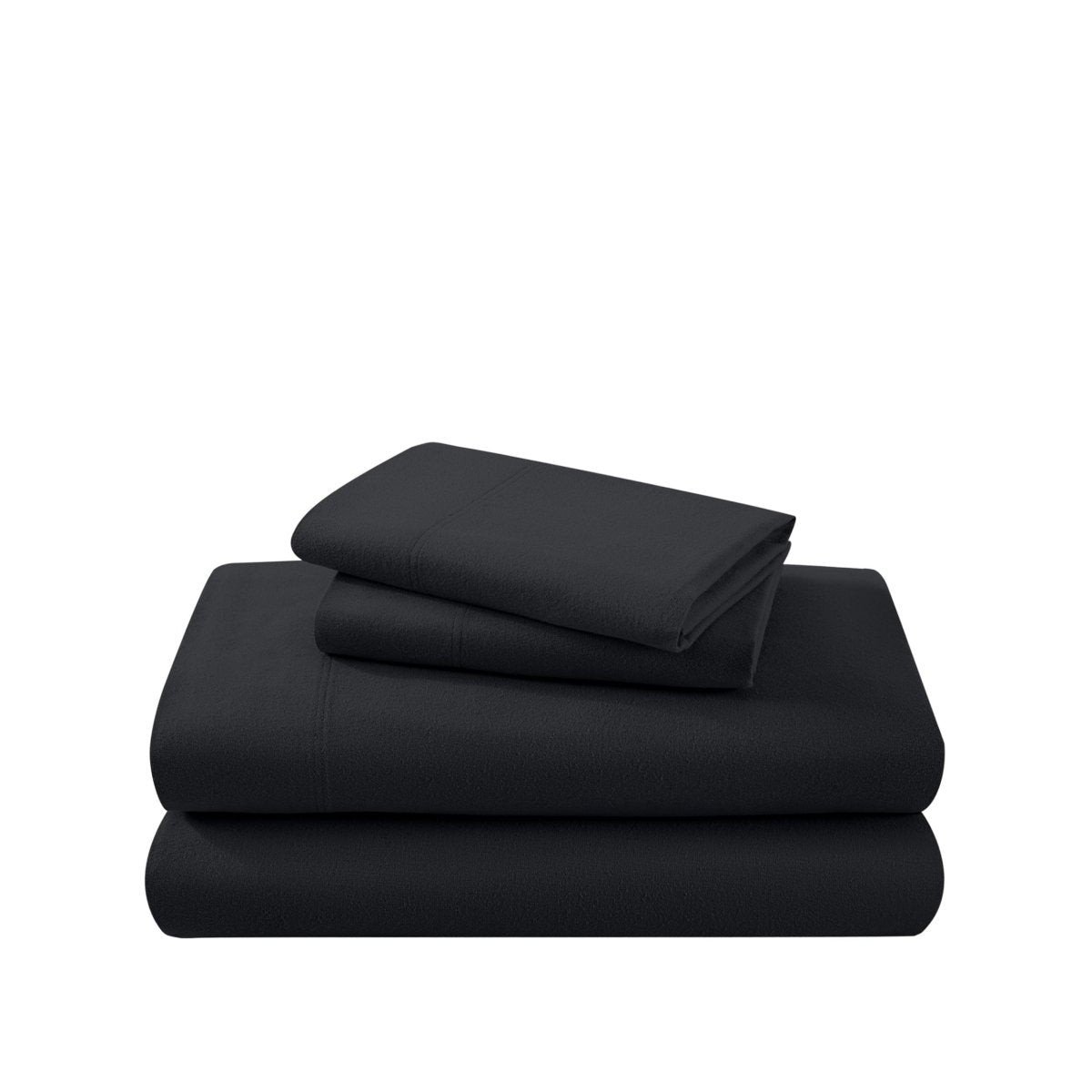 Cotton flannel sheet set folded and stacked on a white background