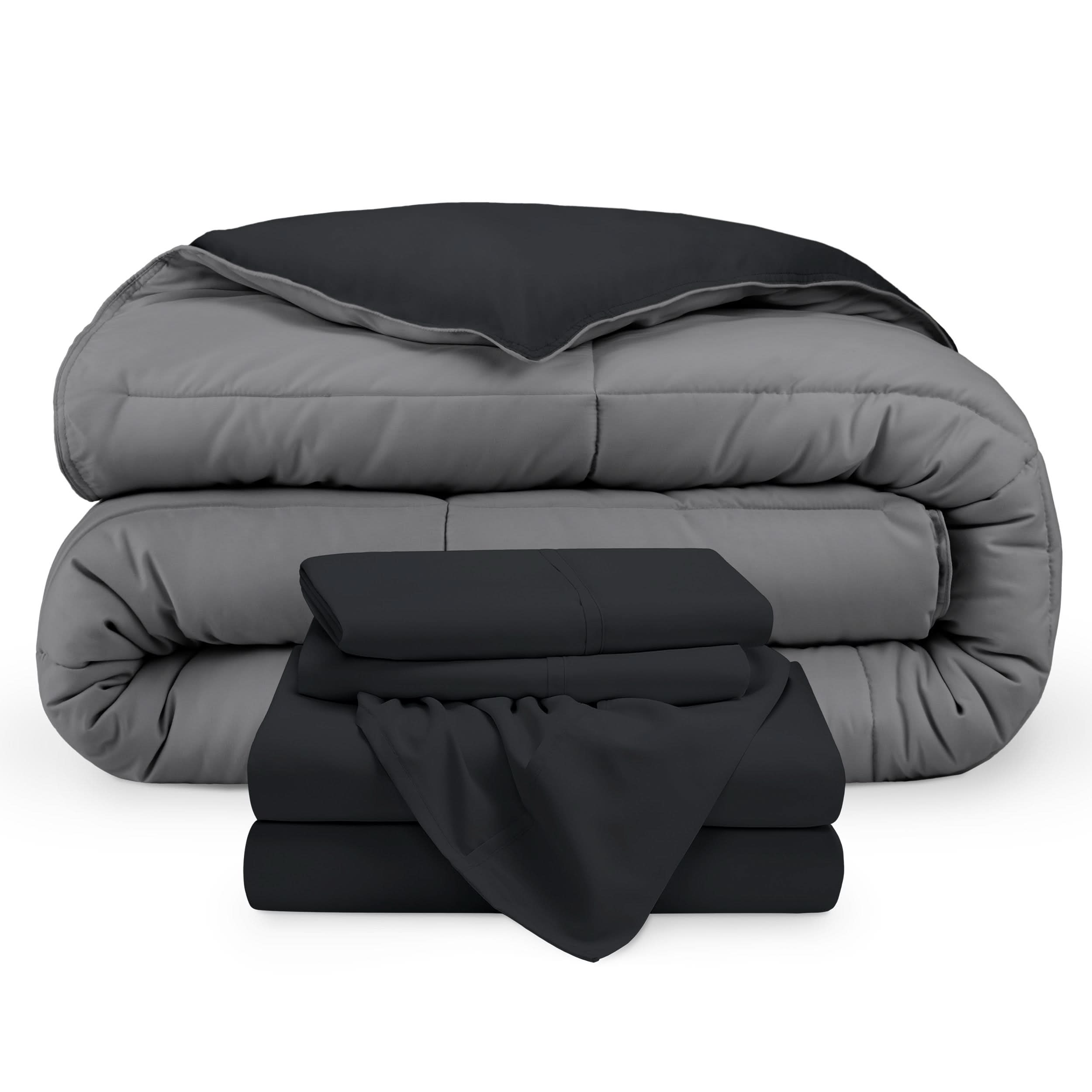 A reversible microfiber comforter and a coordinating sheet set folded and stacked