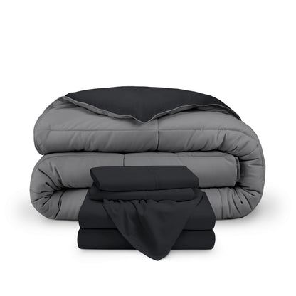 A reversible microfiber comforter and a coordinating sheet set folded and stacked