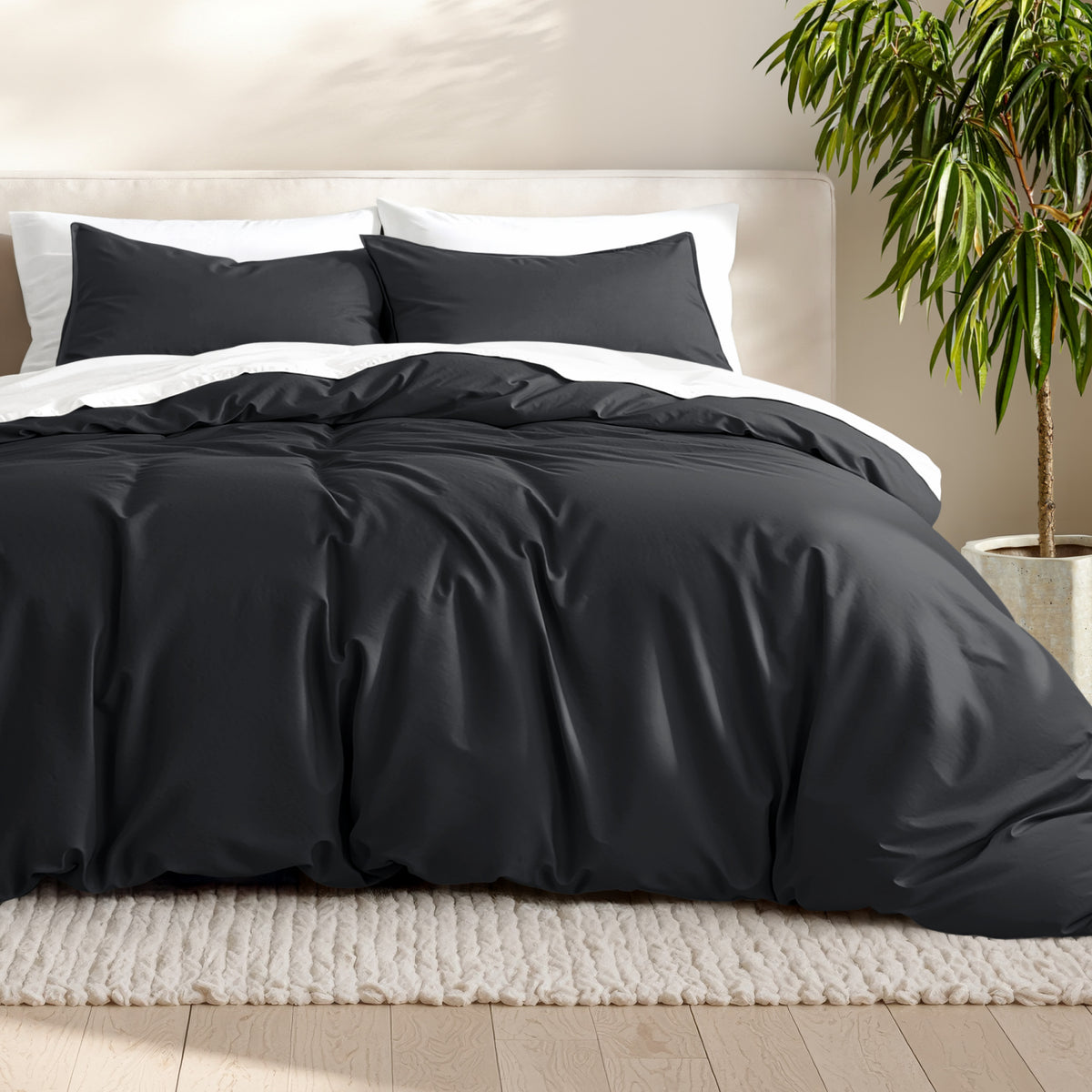 Microfiber bedding set on a bed with a neutral background