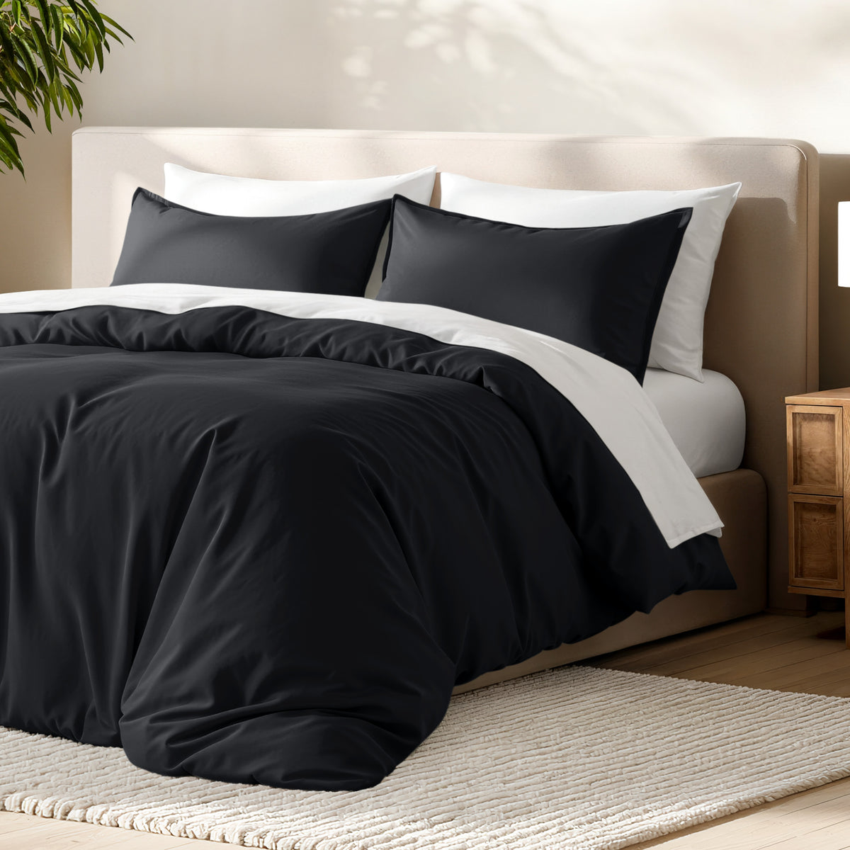 Bed with microfiber duvet cover and sham set in a bedroom setting.