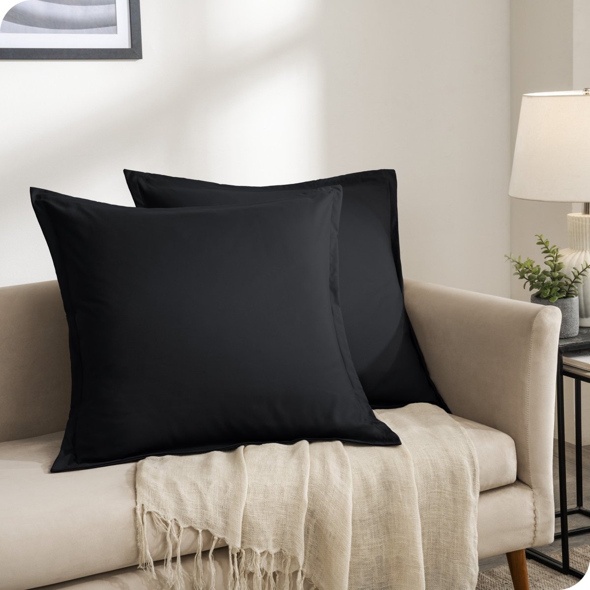 Two pillows on a beige couch in a living room setting.