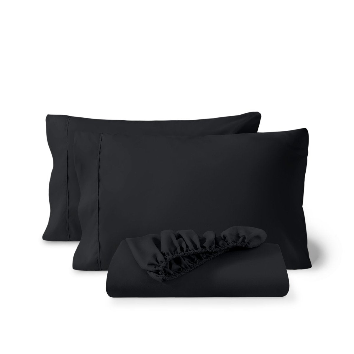 Pillowcases and a matching fitted sheet folded in front, shown on a plain white background.