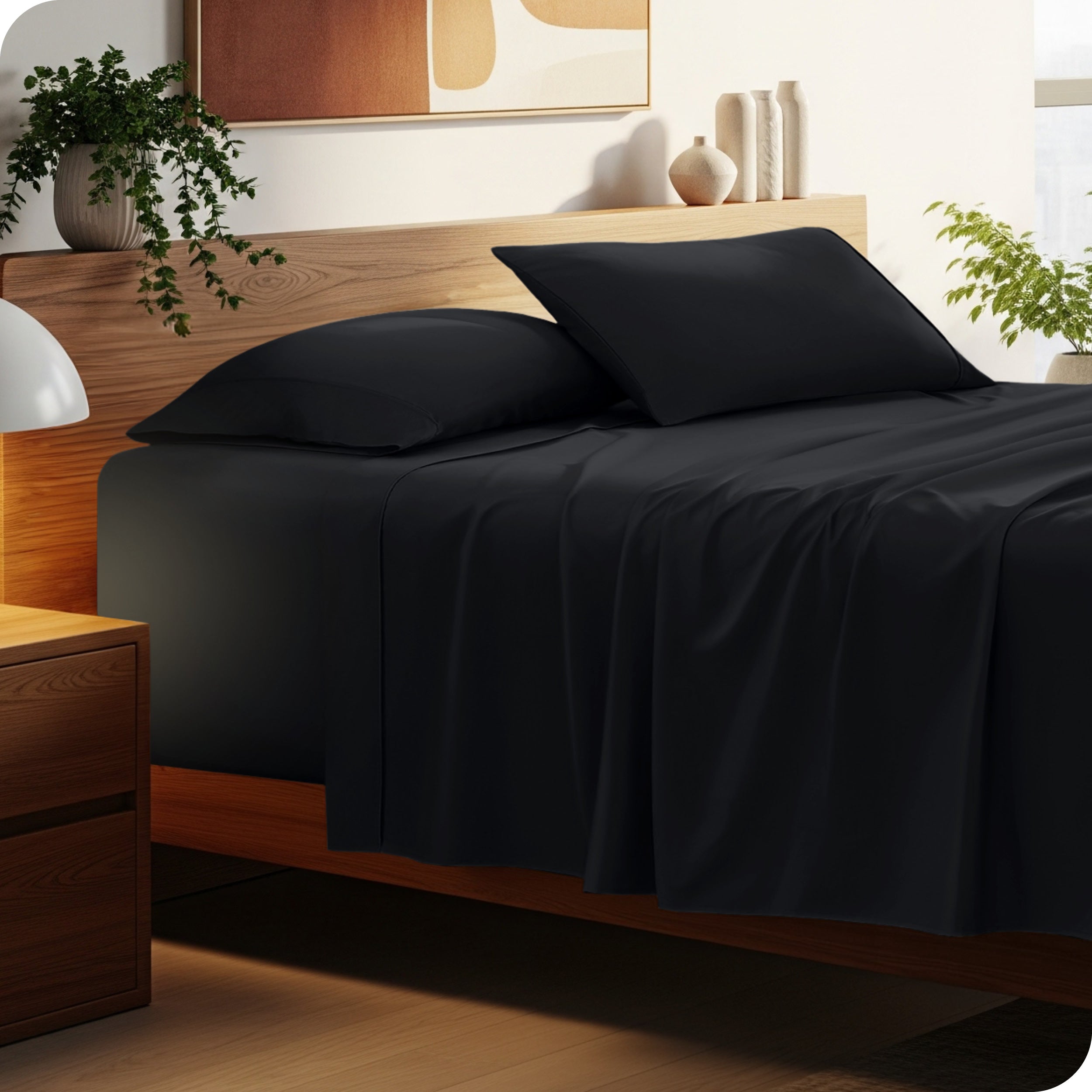 Bed with microfiber bedding and wooden headboard in a bedroom setting