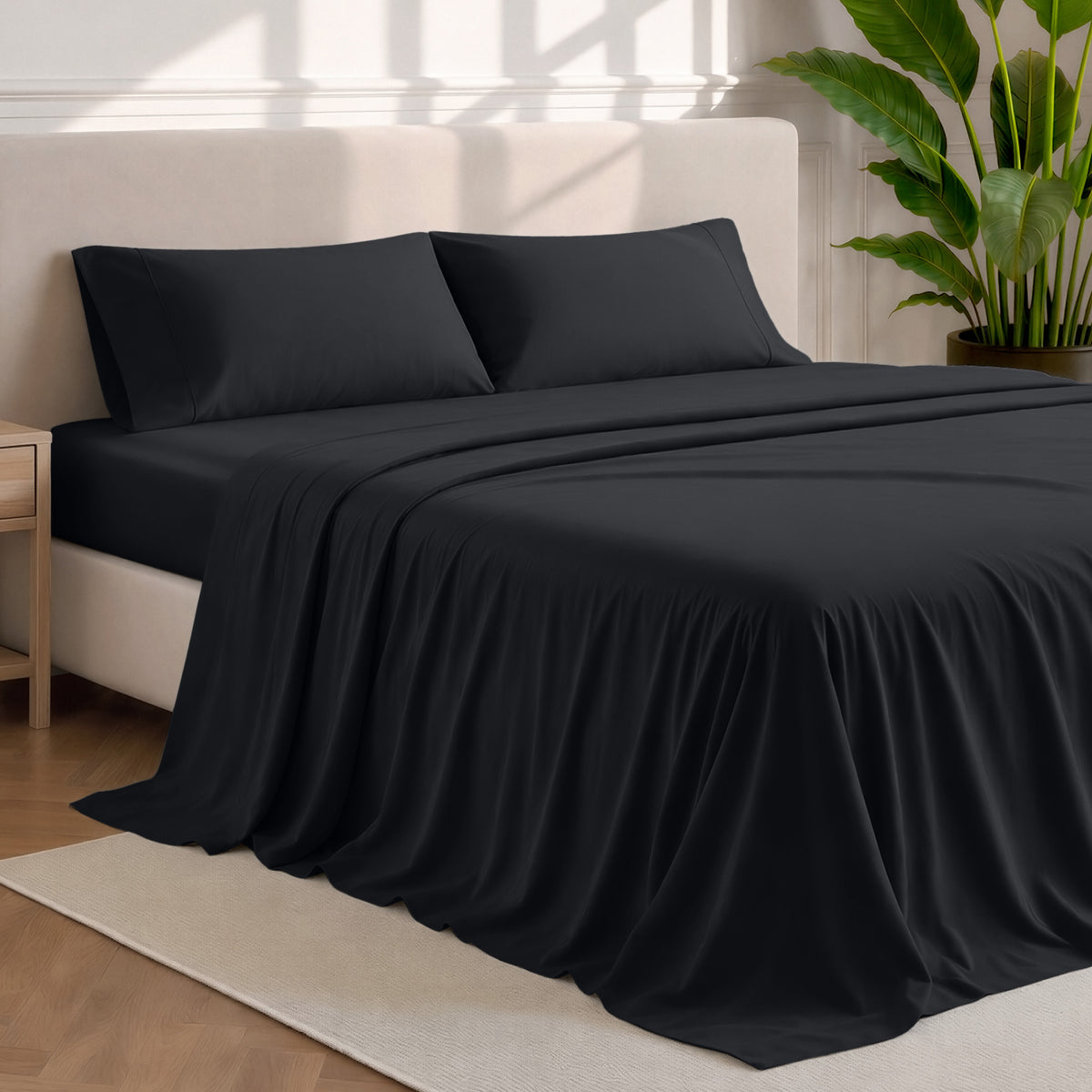 Microfiber sheets and pillowcases in a bedroom stetting