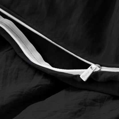 Close-up of a duvet cover with a zipper, featuring the brand Bare Home