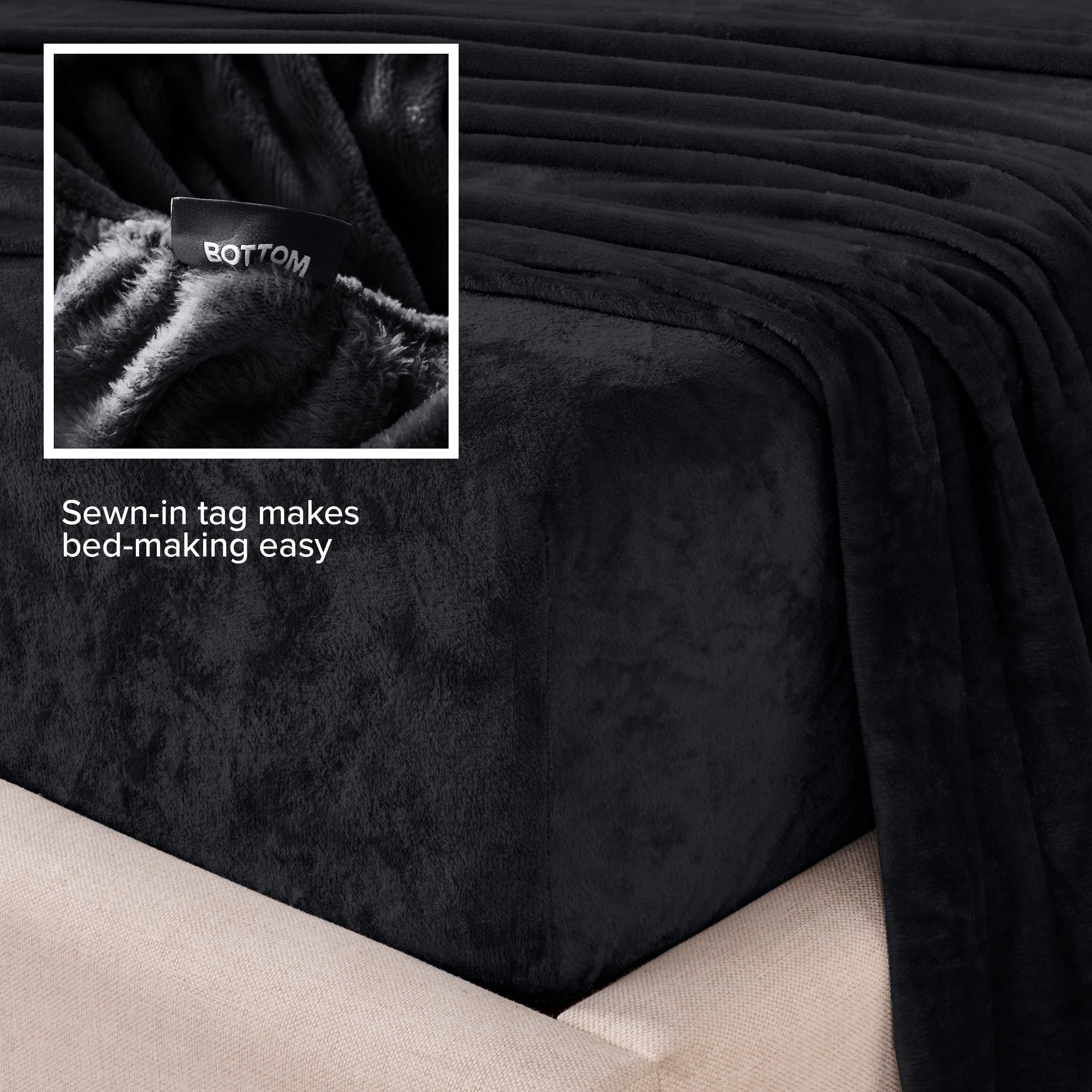 Close-up of the corner of a bed made with microplush sheets