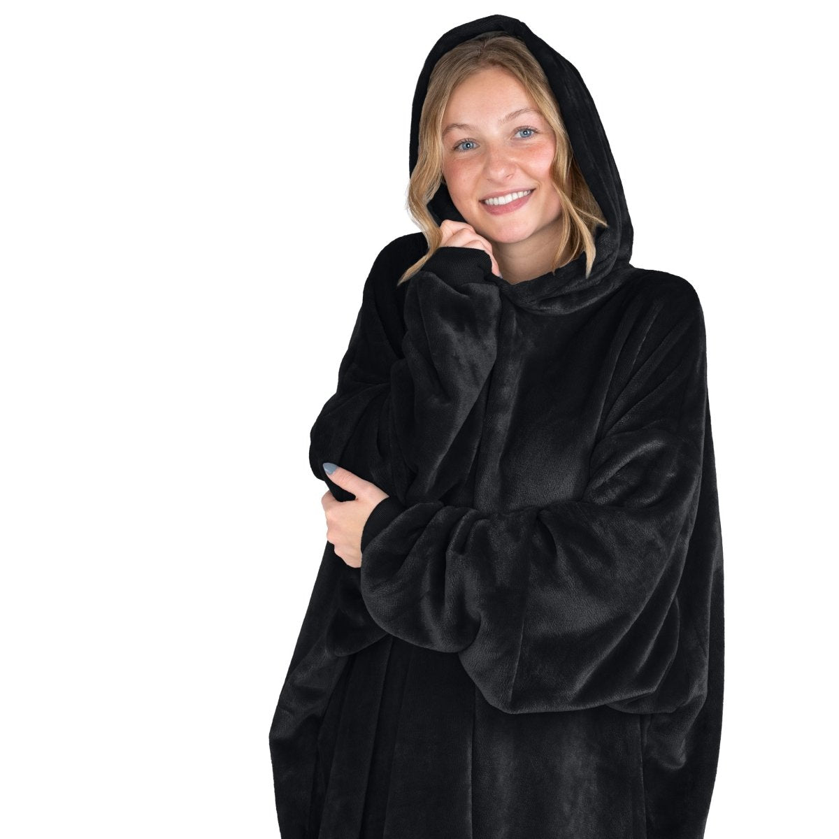 A woman in a wearable blanket