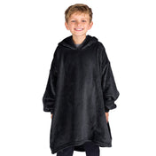 A boy dressed in a microplush wearable blanket.