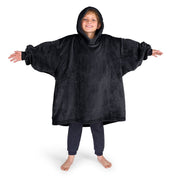 A boy wearing a cozy hooded blanket.