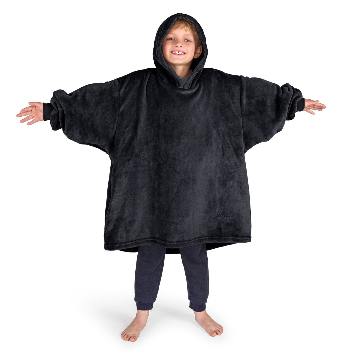 A boy wearing a cozy hooded blanket.