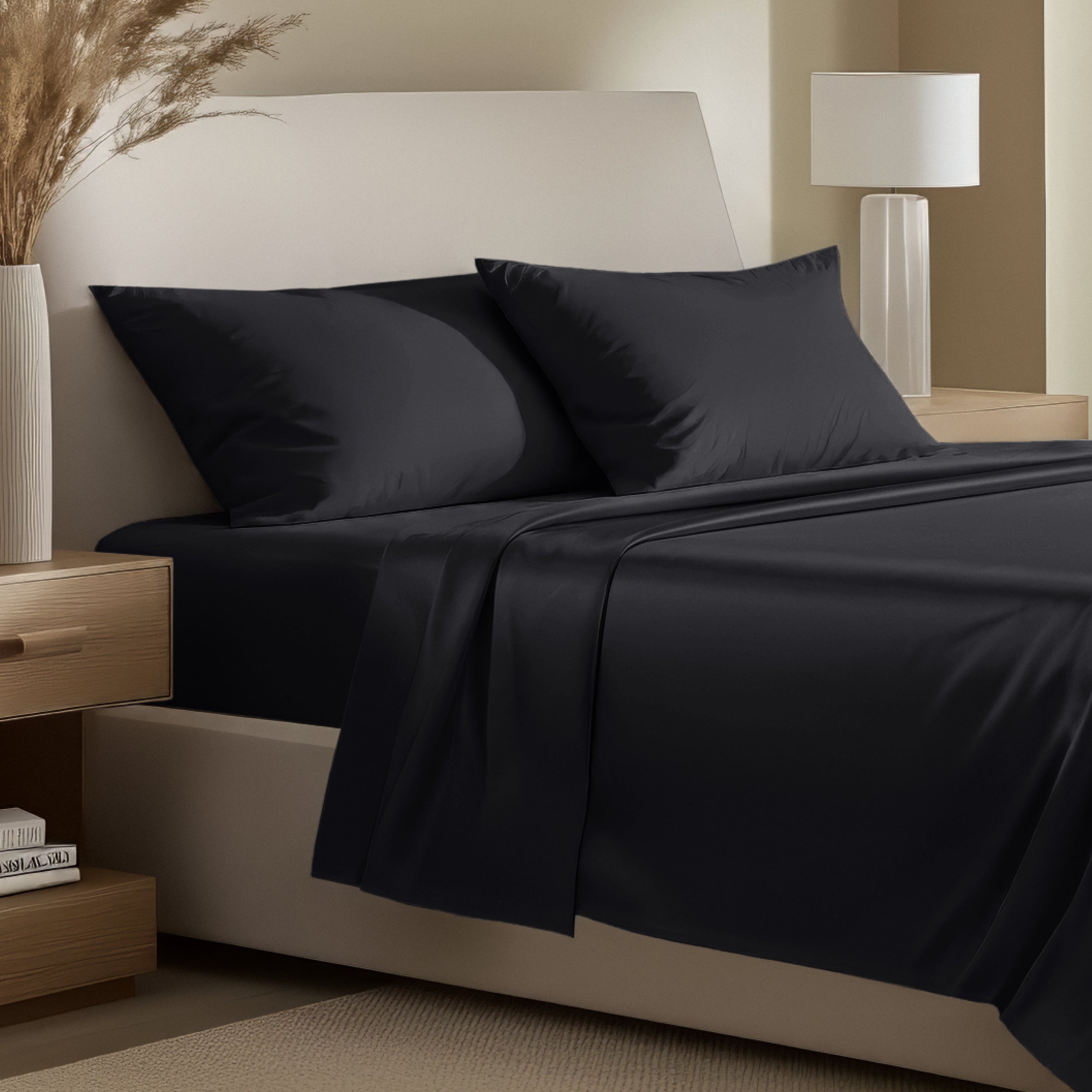 Bedding set on a bed with pillows in a bright room.